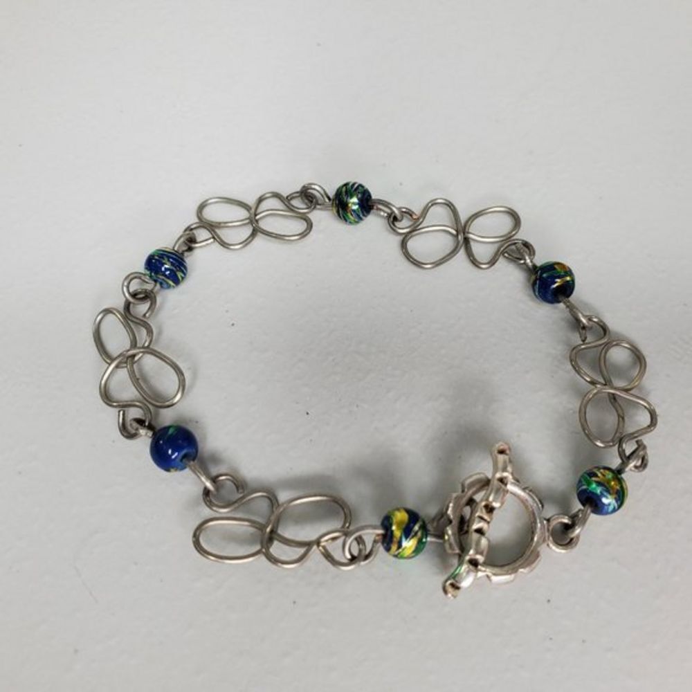 Wire Wrap Bracelet Beaded Silver Tone 8 Inch Blue‎